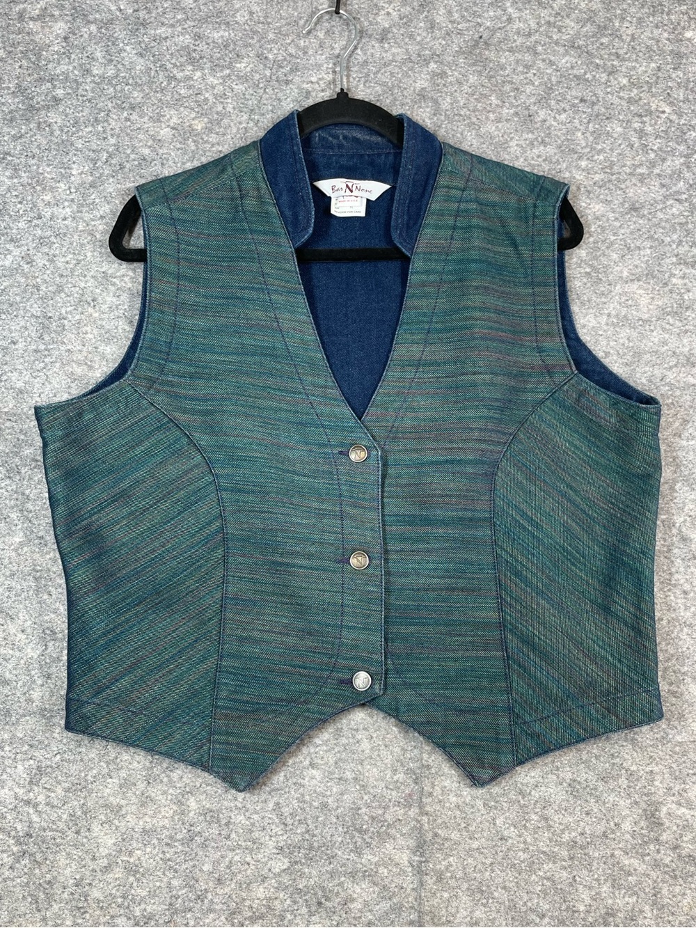 Vintage Bar None Denim Vest Blue Green XL Western Festival Rodeo Boho Chic USA